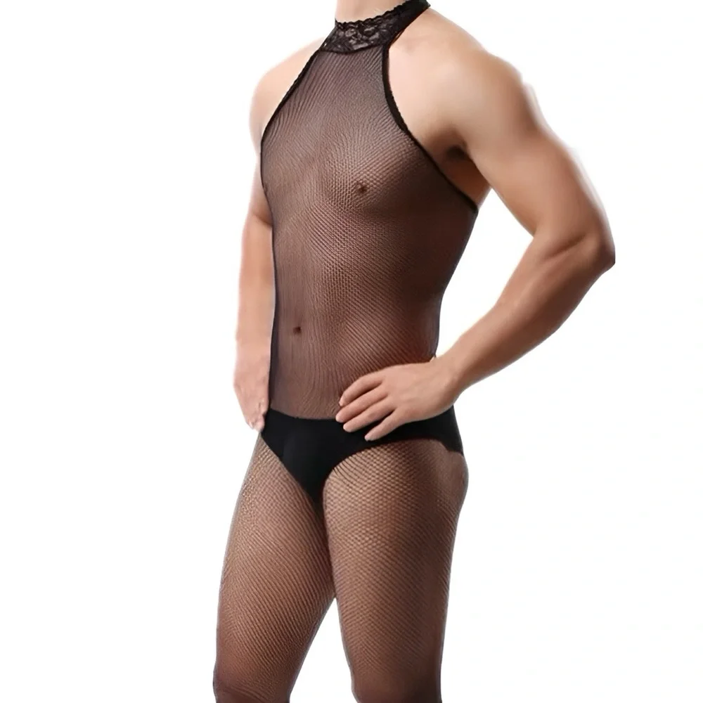 Black Mesh Men's Bodysuit